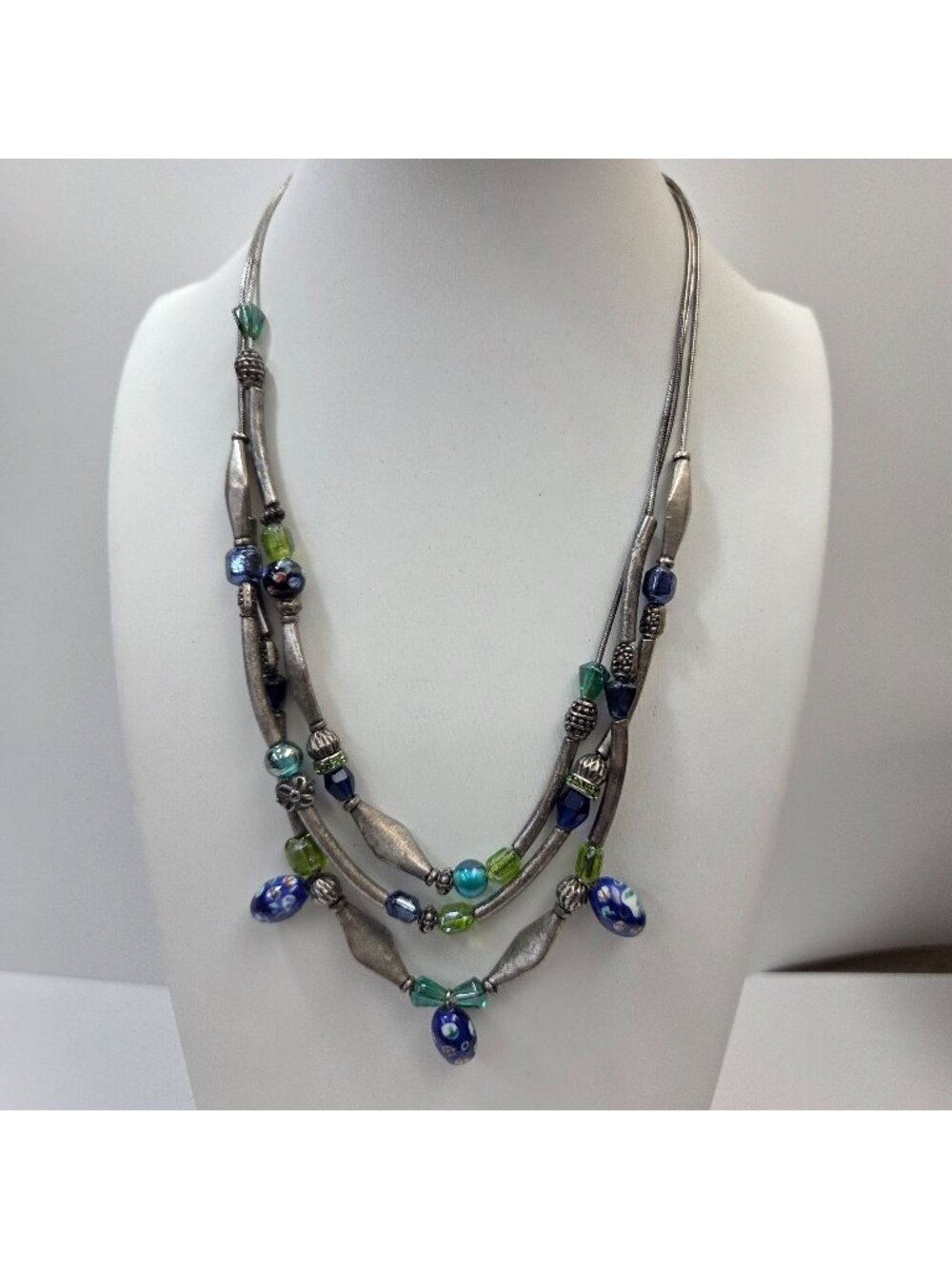 Vintage Chicos Silver Multistrand Art Glass Necklace Blue & Green